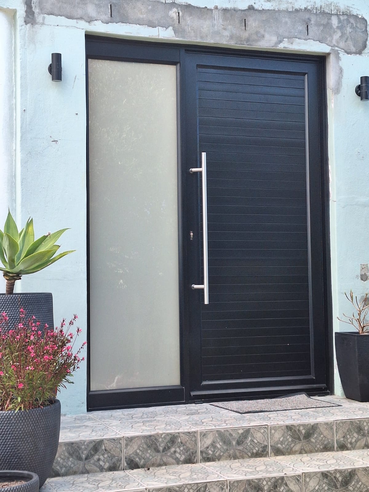 Hinge Door – Single fully clad door with white translucent fixed pane alongside